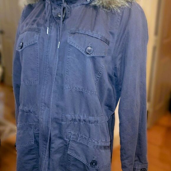 LOFT Cargo Utility Charcoal Grey Zip up & snap Removable Fur Trim Hood Petite Lg - Picture 9 of 10